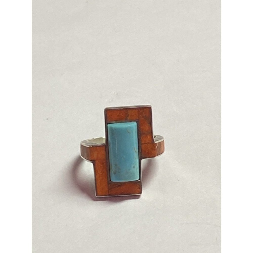 925 Sterling Silver Women’s Ring Turquoise Coral Size 9